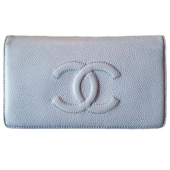 CHANEL Caviar Skin Light Blue CC Bifold Long Wallet - Picture 1 of 9